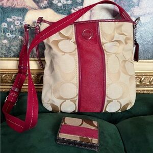 Coach Signature Canvas Crossbody Shoulder Bag & Vintage Coin Pouch Set